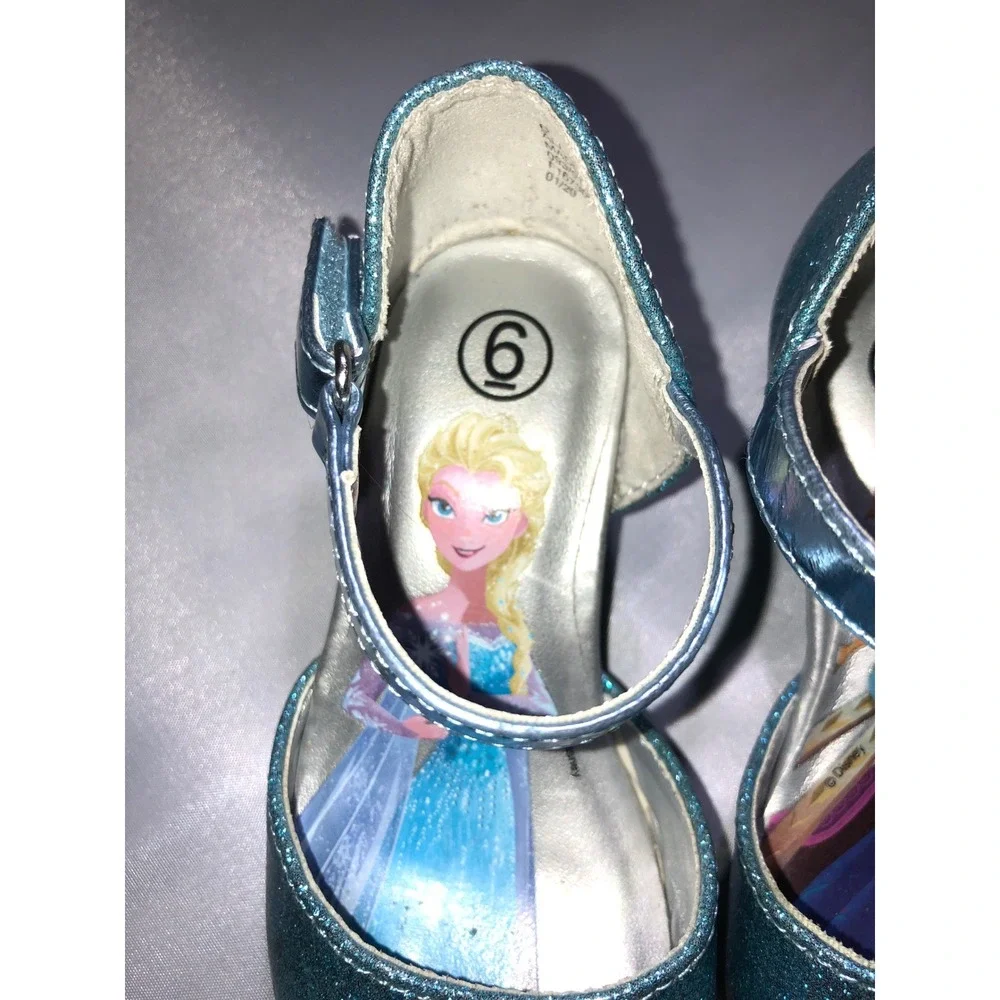 Disney Frozen Elsa Anna Blue Glitter Dress Shoes Snowflake Heels Girls Size 6